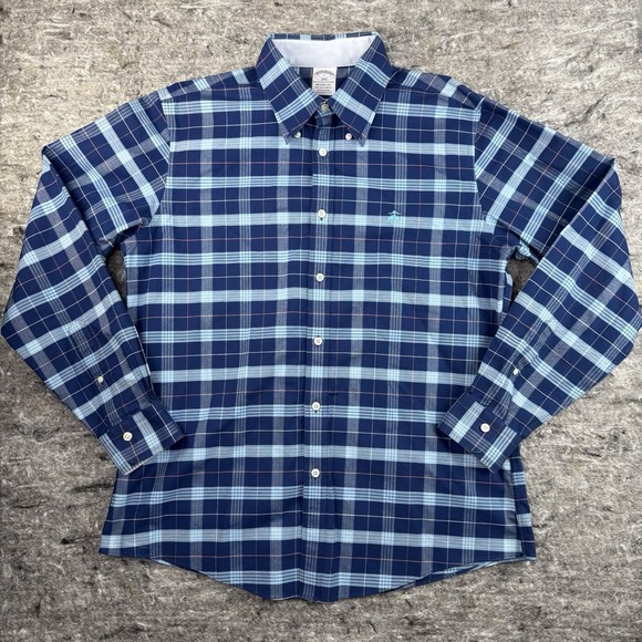 Brooks Brothers Regent Fit‎ Blue Plaid Non Iron Stretch Dress Shirt Mens Size L - Picture 1 of 8